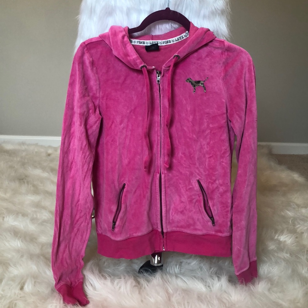 VS Pink hot pink velvet zip up hoodie